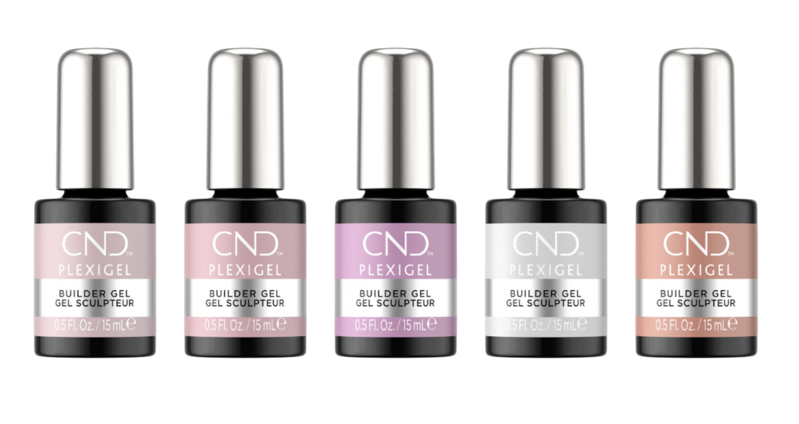 Five new CND PLEXIGEL Builder in a bottle colours